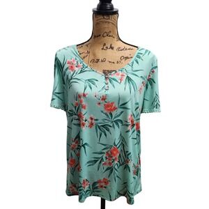 Floral Print Top Short Sleeve Casual Button‎ Up Womens Shirt Large